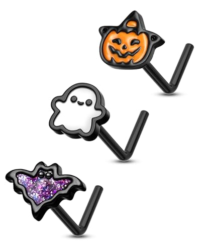 3PCS Halloween Nose Studs 20G Black Nose Rings for Women Men L Shaped Nostril Piercing Jewelry Stainless Steel