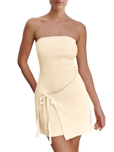 Image of Wenrine Womens Sexy Tube Top Dress Strapless Self Tie Wrap Asymmetrical Hem Knit Summer Party Mini Dresses