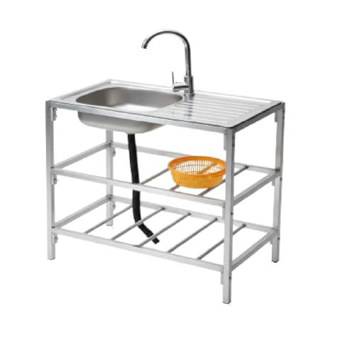 Image of Stainless Steel Restaurant Sink with Shelf and Tap - Commercial Kitchen Sink with Faucet, Undershelf Storage & Drainboard - Heavy Duty for Hotels, Cafes & Catering Use