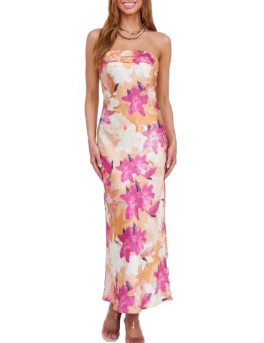 Image of Realtix Summer Satin Strapless Backless Maxi Dress for Women Wedding Guest