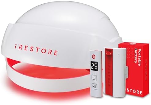 iRestore Laser Hair Growth System + Rechargeable Battery Pack - FDA-Cleared Hair Loss Product - Treats Thinning Hair for Men & Women - Hair Restoration Therapy Improves Hair Thickness, Volume, Density