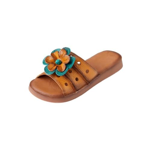 Cowhide Flower Perforated Toe Sandals with Soft Leather Beach Flat Heels