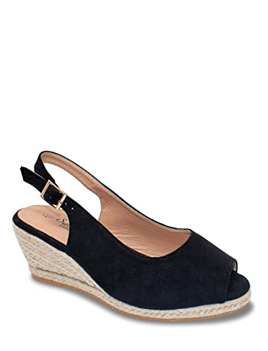 Image of Chums Ladies Wide Fit Espadrille Sandal Mock Suede with Padded Sole, Adjustable Buckle & Medium Wedge Black 6