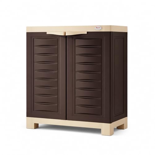 Image of Supreme Fusion SR 01 Plastic Shoe Rack Cabinet, Brown and Beige, 2 Door with 3 Adjustable Shelves, Water and Rust Proof