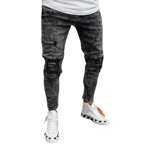 Jeans Pants Trousers Denim Stretch Slim Fit Hole Black Street Trendy Bun Zipper Small Leg for Men