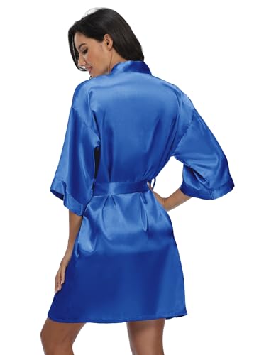 image for Super Shopping-zone Women's Royal Blue Satin Kimono Robe, Short Bridal