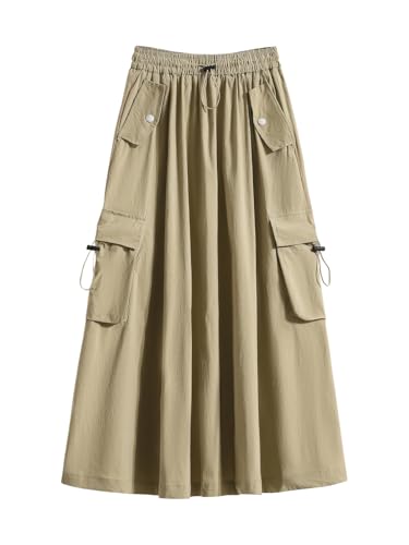 ebossy Women's Vintage Cotton Drawstring Elastic Waist Multi-Pockets Utility Pencil