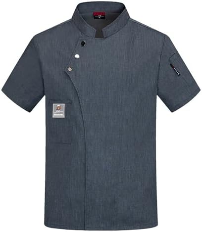 Men's Chef Coat Short Sleeve Button Shirts Chef Work Jacket Slim Fit Breathable Tops Lightweight Summer Top