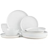 Famiware Saturn Speckled Dinnerware Sets for 4 (12 Pieces), Stoneware Plates and Bowls Dish Set - Chip and Scratch Resistant, Microwave and Dishwasher Safe, White
