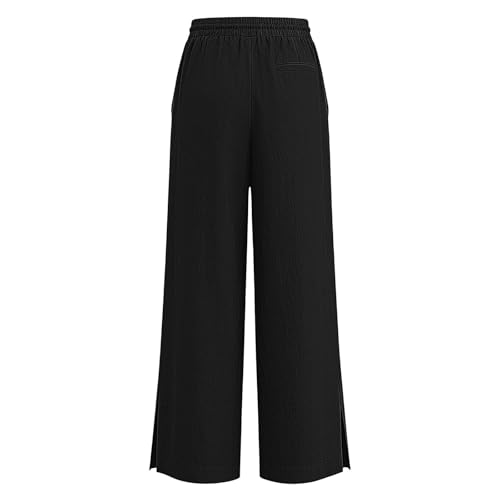 Image of Girls Linen Pants Wide Leg School Uniform Pants Cozy Elastic Waist Summer Casual Beach Lounge Trousers with Pockets