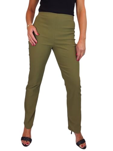 Image of Paulo Due Women's Elasticated Waist Trousers Pull On High Waist Straight Leg Trousers Evening Day Office Work Khaki Green 8-22 (14)