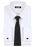 FAHIZO Men's White Dress Shirt French Cuffs with Cufflinks and Necktie, Black Necktie-6XL