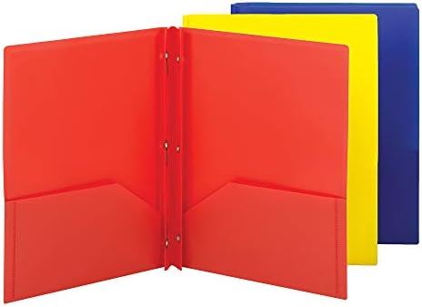 Smead Poly Two-Pocket Folder, Three-Hole Punch Prong Fasteners, Letter Size, Assorted Colors, 3 per Pack (87738)