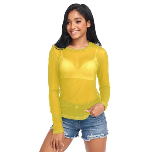 Gold 01 Women's Long Sleeve See Through Mesh Sheer Top Blouse