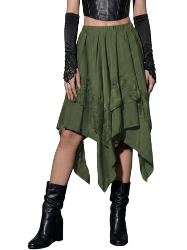 Womens Renaissance Pirate Fairy Skirt 2026 Y2k Contrast Lace Asymmetrical Midi Skirts Whimsical Clothes (US Alpha Small Regular Regular Greed)