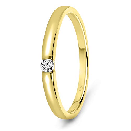 MIORE Bague pour Femmes Bague de Fiançailles Solitaire avec Diamant 0.05 Ct en Or jaune 8 Carat / 333 Or, Bijoux