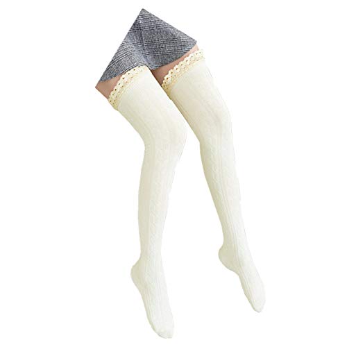 Women's Long Boot Socks Lace Trim Thigh High Over The Knee Socks Cotton Warm Stockings (White -1)