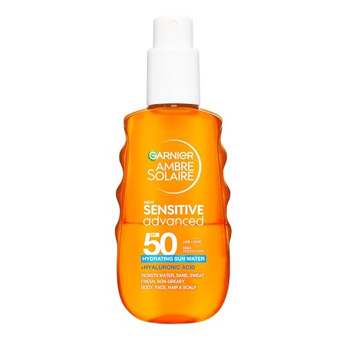 Garnier Ambre Solaire Face and Body SPF 50 Daily UV Hyaluronic Acid Sensitive Advanced Hydrating Sun Water Protects Hydrates & Refreshes Resistance to Water Sweat & Sand Face Body & Hair 150ml