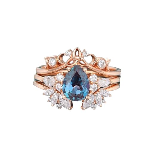 3Pcs Alexandrite Ring Set for Women,925 Sterling Silver Oval Cut Alexandrite Wedding Ring Set with Moissanite Gemstone Ring Set for Wife Wedding Promise Ring2