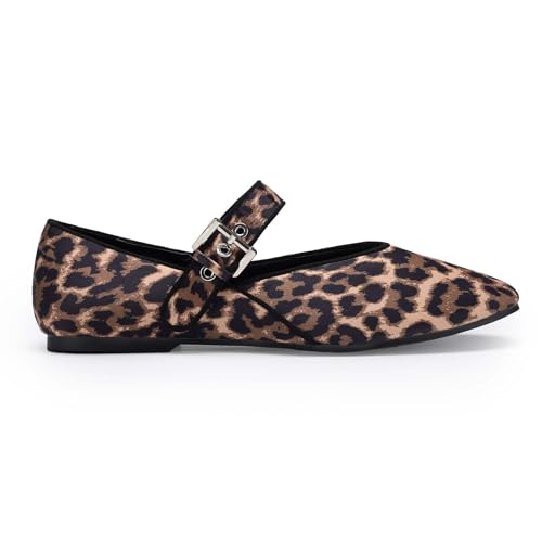 Women Leopard Ballet Flats Mary Jane Flats with Buckle Strap Comfortable Leopard Ballerina Flat Shoes