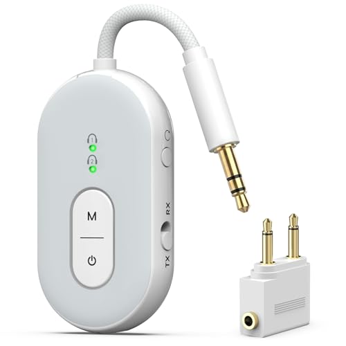 Wothfav Bluetooth 5.3 Wireless Audio Transmitter & Receiver, 3.5mm AUX Adapter, Supports 2 AirPods or Headphones, 25+ Hr Battery Life, Airplane Bluetooth Adapter for Travel, Flight, TV, Car & Gym