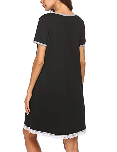 Ekouaer Womens Zipper Front Housecoats Short Sleeve Bathrobes Lace Trim Nightgown With Pockets A-Black Medium #TOP4