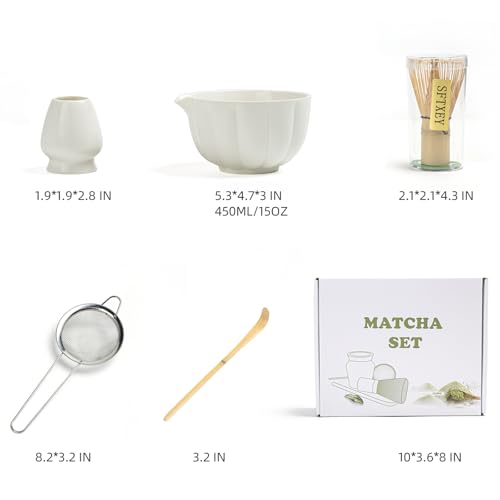 Matcha Whisk Set, Matcha Set Includes Ceramic Matcha Bowl, Bamboo Whisk, Scoop, Chasen Holder, Sifter, 5 Pcs Perfect Matcha Kit for Macha Lover (Pearl White)