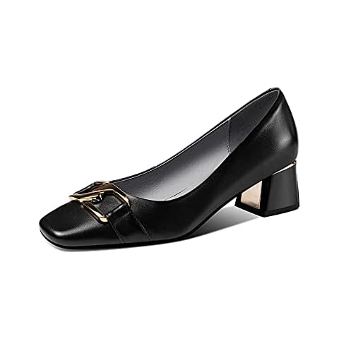TinaCus Women's Genuine Leather Handmade Slip On Block Heel Square Toe Pump Shoes with Unique Metal Pattern, Black, 5 Cover