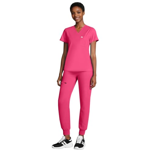 Eipnare Cute Scrubs for Women Set V-Neck Nurse Uniform Top & Stretch Jogger Pants Medical Uniform Pink Scrubs Sets for Women Esthetician Azalea Pink M