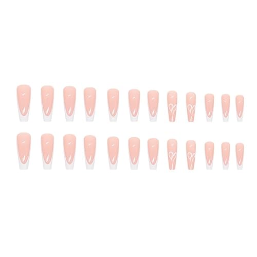 French Tip Press on Nails Pink Fake Nails White Tip False Nails with Heart Designs Medium Glue on Nails Full Cover Glossy Acrylic Nails Cute Artificial Nails Coffin Stick on Nails for Women DIY Nails