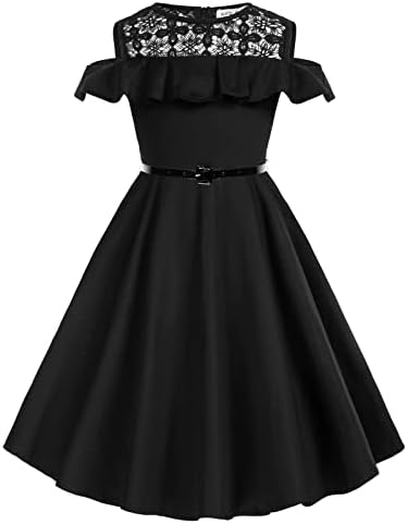Girls Cold Shoulder Ruffle Trim Lace Patchwork Party Dress with Belt Black 8Y