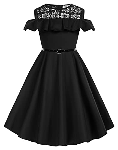 Girls Cold Shoulder Ruffle Trim Lace Patchwork Party Dress With Belt Black 8Y #TOP4