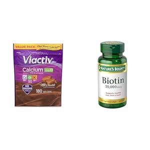 Viactiv Calcium Plus Vitamin D Supplement Soft Chews, Brown, Milk Chocolate, 180 Count & Nature’s Bounty Biotin, Supports Healthy Hair, Skin and Nails, 10,000 mcg, Rapid Release Softgels