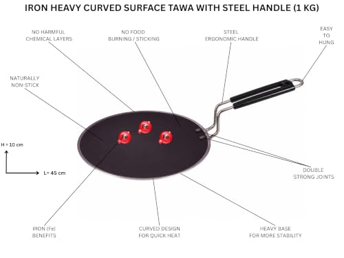 Image of Pure Iron Tawa for Roti & Chapati with Strong Steel Handle | Heavy Duty Curved Surface Iron Tava for Multipurpose Uses & Health Benefits | Non-Toxic, No Chemical Layers | Gas Stove | 10 Inch, 1 KG