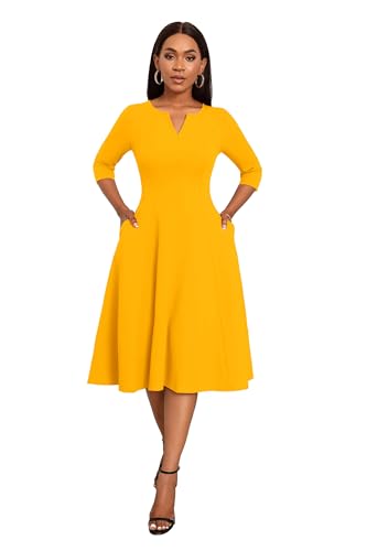 Image of Nmoder Midi Dresses for Women A-Line Fit and Flare Dress 3 /4 Sleeve V Neck Cocktail Wedding Guest Work Dress with Pockets