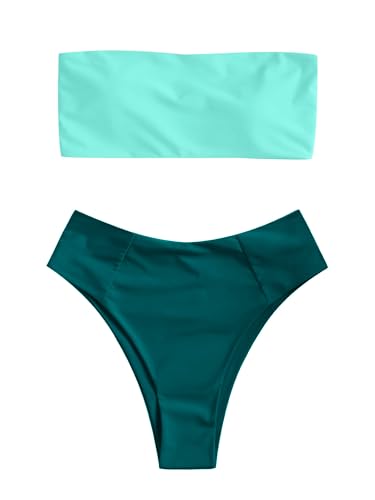 Image of ZAFUL Women's High Cut Bandeau Bikini Set Strapless Solid Color 2 Pieces Bathing Suit Swimsuit