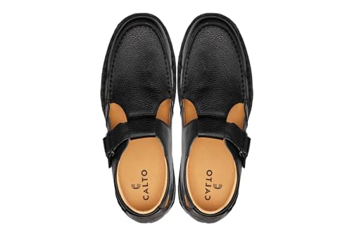 CALTO Men's Invisible Height Increasing Elevator Shoes - Black Premium Leather Lightweight Casual Fisherman Sandals - 2.8 Inches Taller - K0751 - Size 7.5 D(M) US4
