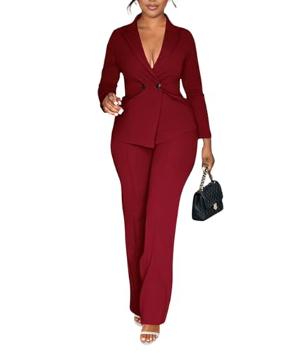 knowfashionstyle Womens Suits 2 Piece Set Business Breasted Blazer Pants Sets Casual Long Sleeve Formal Blazer Work Suit With Pockets Burgundy S