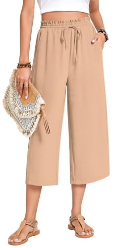 Image of Anyhold Women's Capri Pants Drawstring Casual Palazzo Trousers with Pockets Loose High Waisted Wide Leg Lounge Pants