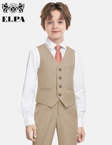 Image of Boys Khaki Suit 5 Pieces Slim Fit Kids Formal Tuxedo Suit Set for Wedding Ring Bearer, Easter, First Communion, Confirmation, Graduation Little Boys Size 6