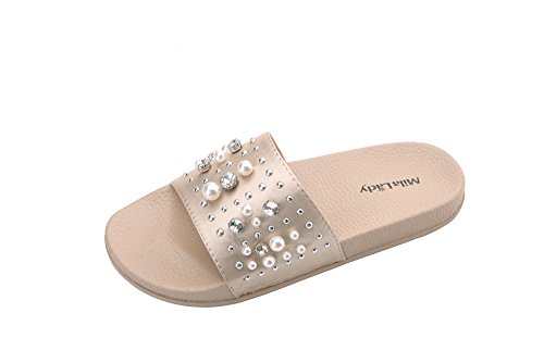 Mila Lady Womens Summer Non-Slip Pearl Slides Sandals Slipper for Indoor Outdoor Beach Casual Shoes, Sandy Nude 7