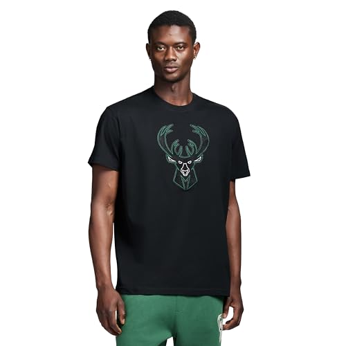 Game 7 x NBA Officially Licensed Mens Short Sleeve Oversized Heavyweight Crew Neck Cotton Patch T-Shirt Milwaukee Bucks XL Black