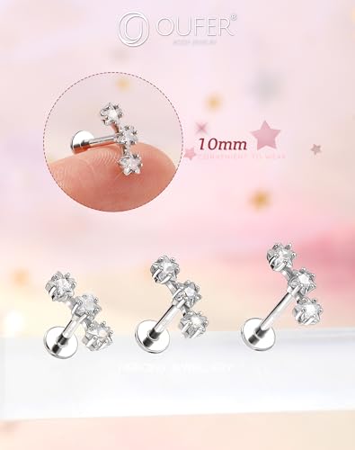 OUFER 16G Étoile Argent 925 Helix Piercing Filetage Interne Anneau Tragus Conch Transparente CZ Flat Cartilage pour Femme 6 mm Lip Stud – vue 3