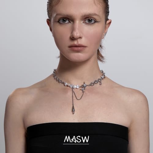 Fashion spliced ​​clavicle chain breeding irregular star pearl necklace women's jewelry silver metal choker personality chunky necklace teardrop shape tassel clavicle chain2