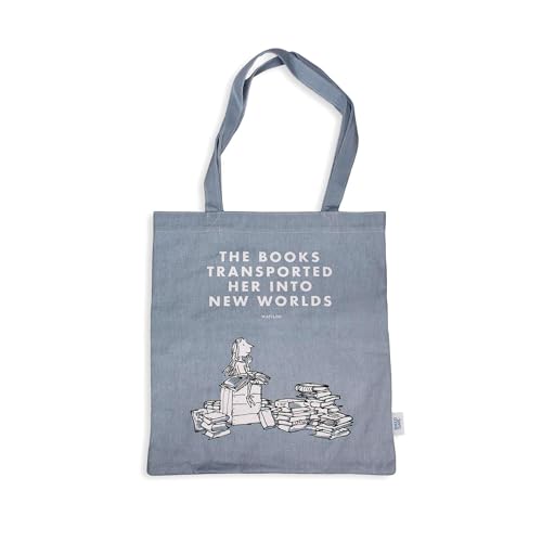 Half Moon Bay Books Transported Her Into New Worlds - Matilda - Bolsa de compras reutilizable de 15 x 13 pulgadas, 100% algodón reciclado, gris pizarra, 15 x 13 pulgadas, Matilda Gris, 15 x 13 Inch,