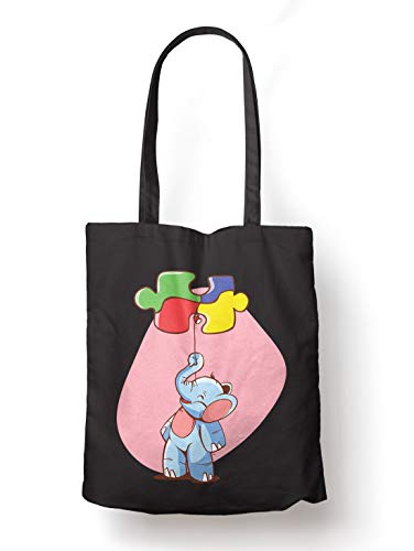 BLAK TEE Elephant with a Balloon Representing Autism Organic Cotton Reusable Shopping Bag Black