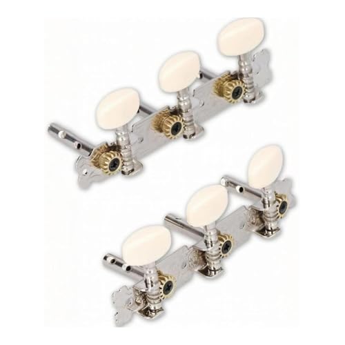 Gitarren-Stimmwirbel 3L+3R, Mechaniken für akustische Gitarren mit Doppelloch Befestigung, Chrom & Weiß