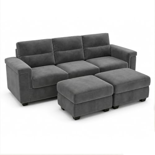 Image of FURNY Parker 3 Seater Sofa Set with 2 Ottomans | Premium Suede Velvet Fabric Finish | Durable Comfort Sofa for Modern Living Room & Office Spaces