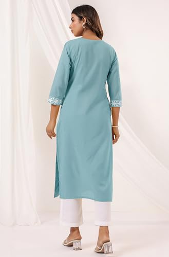 Image of Janasya Women's Pure Cotton Embroidered Straight Kurta