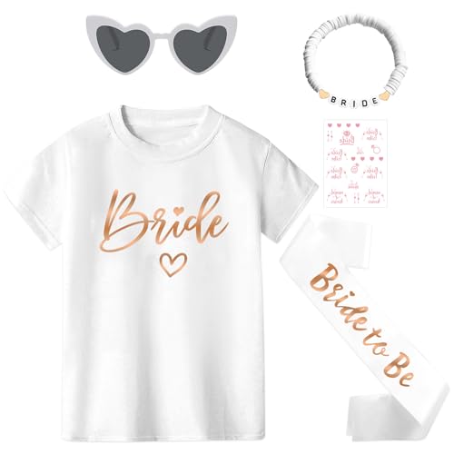 Joyesplay JGA Shirt Frauen Team Braut Bride Shirt Set mit JGA Accessoires Schärpe Armbänder Sonnenbrille für Hochzeit Party (DE/NL/SE/PL Alphanumerisch XL Regular Regular Weiß Team Bride)